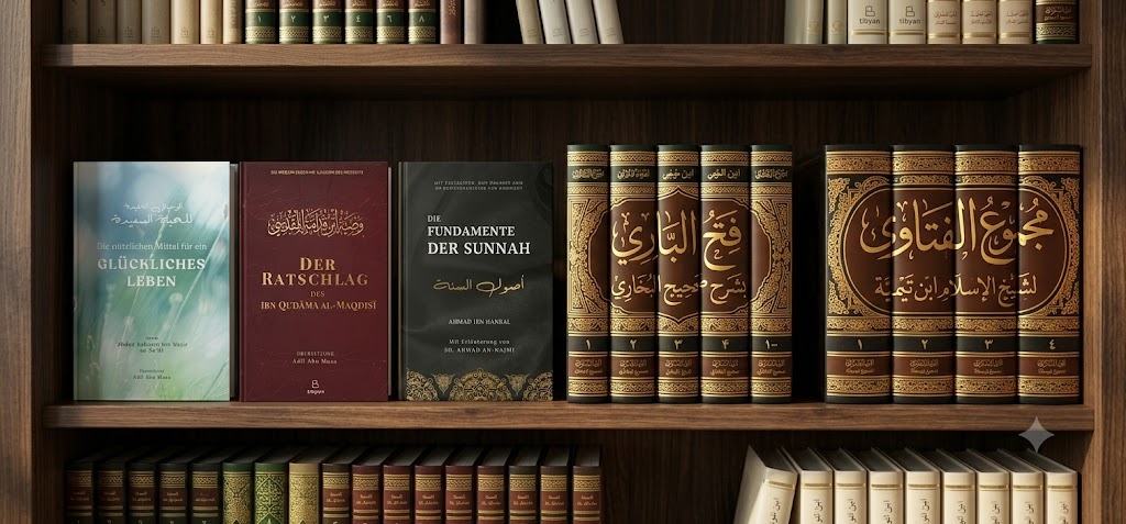 Bibliotheksregal mit klassischen arabischen Werken und Tibyan-Ausgaben